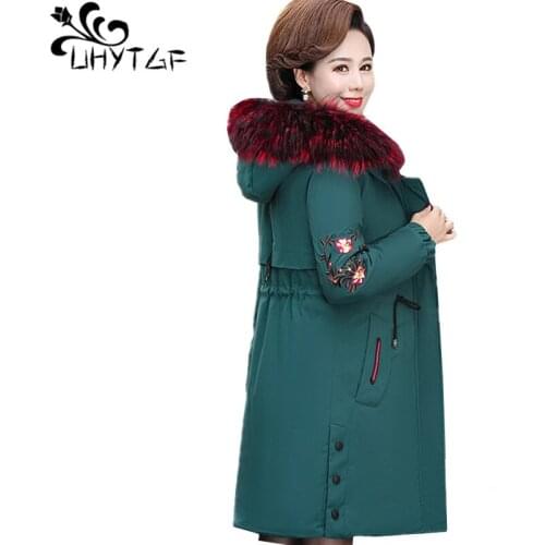 UHYTGF 5XL Plus size Jacket Women Hooded Down Cotton Casual Warm Winter Coat Embroidery Plus Velvet Thick Parker Outerwear 1303