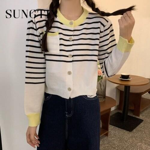 Sungtin Spring Autumn Striped Cardigan Sweaters Women Korean Style Sweet Female Sweaters 2021 New Fashion All Match Slim Clothes