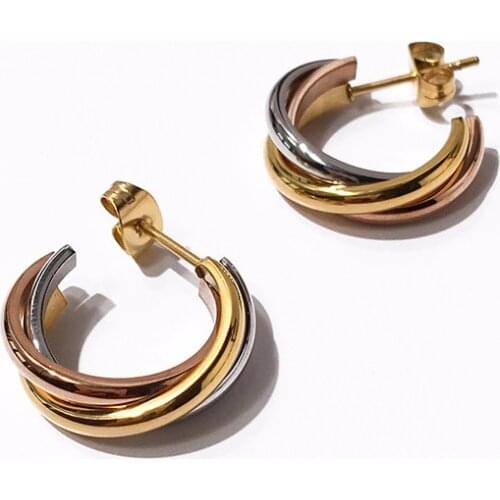 Top Quality Classic C Shape Style Tricolor Trinity Stainless Steel Circle Stud Earrings For Women