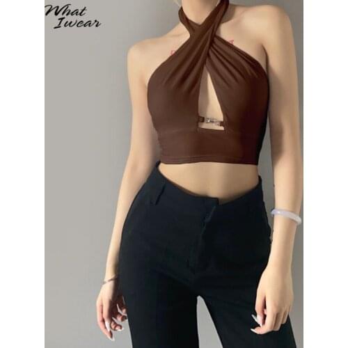 Whatiwear Solid Color Halter Cross Tops Women Casual Street Style Sexy Backless Skinny Sleeveless Party Clubwear Camis Summer