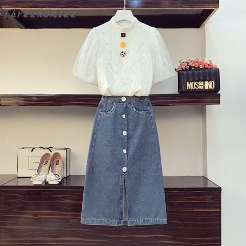 Plus Size Korean Woman Two Piece Sets 2021 Summer Lace Stand Collar Puff Sleeve Top And A-line Midi Denim Skirt Female Suits