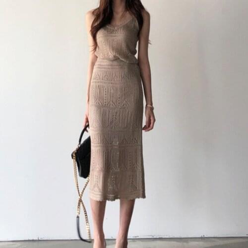 2021 Summer 2 Piece Sets Elegant Women Knitted Hollow Out Vest Crop Top + High Waist Bodycon Skirts Suit