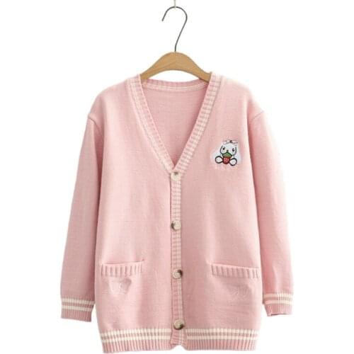 Women Knitted Cardigan Cartoon Dog Embroidery Knit Casual Sweaters 2020 Winter Single Button Long Sleeve V-neck Female Top