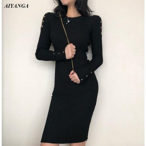 2018 Knitted Dress For Women Autumn Winter Sweaters Dresses Women Sexy Off Shoulder package Hip Pencil Dresses Slim Black
