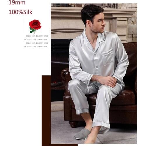 19MM 100% Silk Pajamas Men Suit Sleepwear Blue Yellow Gift Nightwear Luxury Casual Lovers WInter Home Clothing Pijama Male