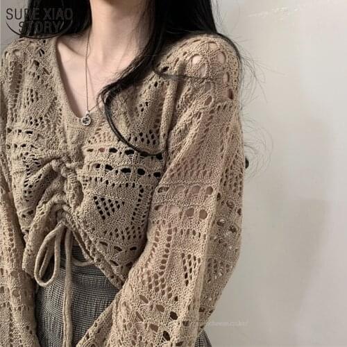 2021 Spring new Women tops Blouse Korean V Neck Knit Women Shirts Long Sleeve Casual Loose Solid Hollow Lady Clothing 10194