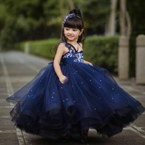 2021 Navy Flower Girl Dresses For Wedding Beaded Appliques Ball Toddler Pageant Gowns Tulle Cute First Communion Dress