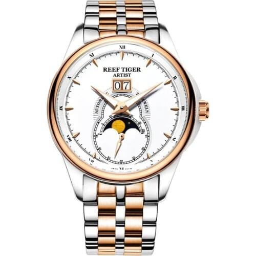 Reef Tiger Artist Serier RGA1928 Men Business Fashion Dress Watches for Men Moon Phase Automatic Mechanical Wrist Watches