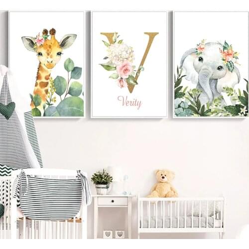 Nursery Personalized Poster Custom Baby Name Wall Art Print Plant Leaves Animals Canvas Painting Decoration Kids Bedroom Picture