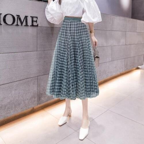 Long Beach Women Skirt Female Plaid Print Tulle Skirt Casual Elastic High Waist Mesh Flowy A-Line Midi Skirt Streetwear