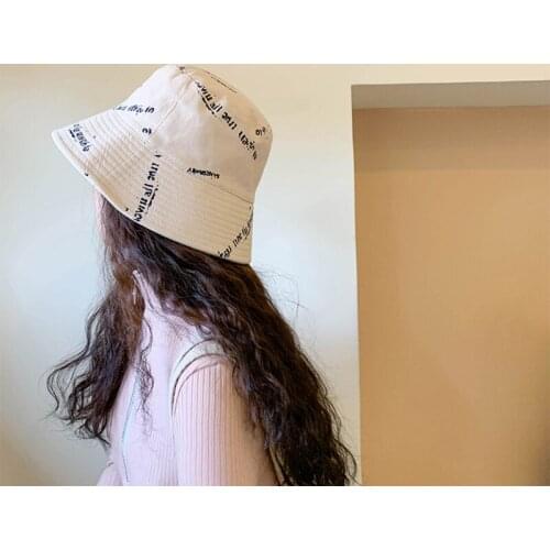 Women Men Reversible Double Sided Bucket Hat Harajuku Garbled Letters Printed Sunscreen Foldable Panama Fisherman Cap
