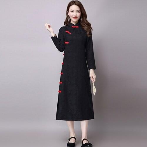 Chinese Traditional Dress Women Meditation Clothing Cheongsam Qipao Female Vietnam Dress Black Red Retro Vintage Dress TA1379