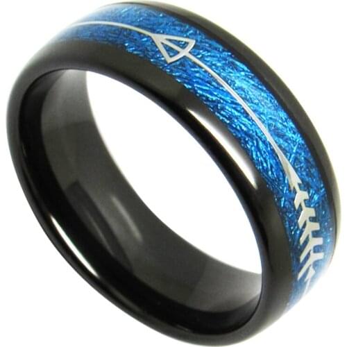 New 8mm Width Male Thumb Rings Black Tungsten Carbide Band Inlay Silver Color Arrow & Blue Meteorit Comfort Fit Size 6-13