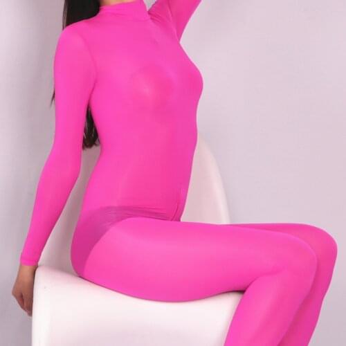 Ice Silk Tights Bodystocking Sexy Lingerie Long Sleeve Zipper Open Crotch Bodysuit Transparent Bodycon Jumpsuit Catsuit Leotard