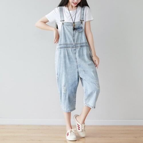 Thin Denim Jumpsuits Women casual Jeans overalls oversized hole ripped baggy Cowboy Romper Bib Suspenders Wide leg Bodysuits