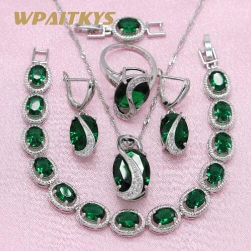 Silver Color Jewelry Sets Green Cubic Zirconia For Women Wedding Earrings Necklace Pendant Ring Bracelet Free Gift Boxs