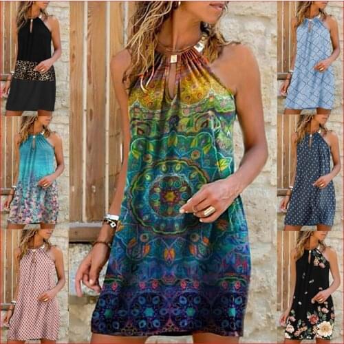 Summer WomenS Dress 2021 Halter Sleeveless Print Casual Dresses Sexy Hollow Out Plus Size Beach A-Line Midi Dress Robe Vestidos