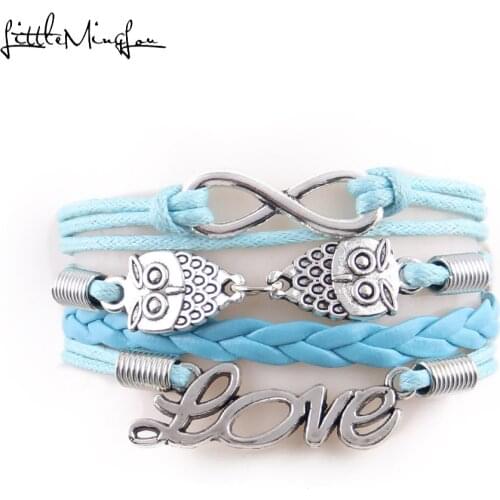 Little Minglou 8 colors New fashion infinity love owl bracelet love charm leather wrap men bracelets & bangles for women jewelry