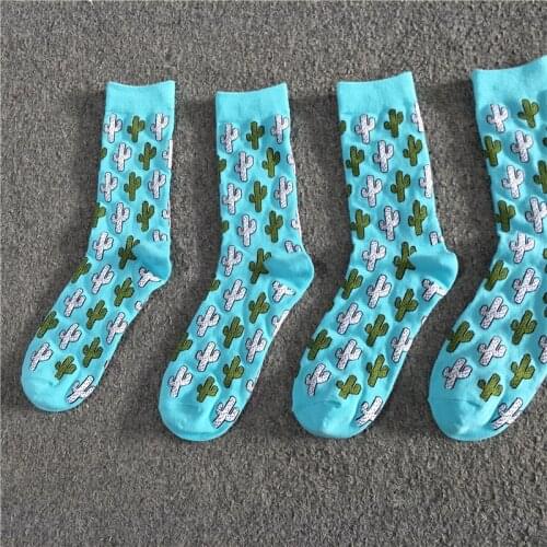 Men Socks Cute Funny Cartoon Cactus Happy Personality Harajuku Streetwear Vintage Blue Casual Cotton Female Hosiery Autumn