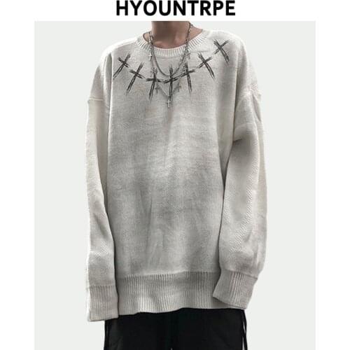 High Street Vintage Wash Sweater Men Graffiti Loose Knitted Pullover Long Sleeve Hip Hop Oversize Sweater Casual Jumper Knitwear