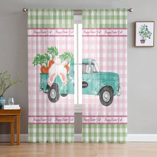 Easter Bunny Carrot Pink Green Plaid Sheer Tulle Window Curtains For Living Room Bedroom Kitchen Veiling Curtain Home Decoration