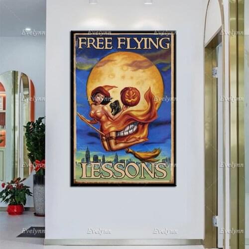 Witchcraft Witch Girl And Skull Free Flying Lessons Retro Poster Halloween Wall Art Prints Home Decor Canvas Unique Gift