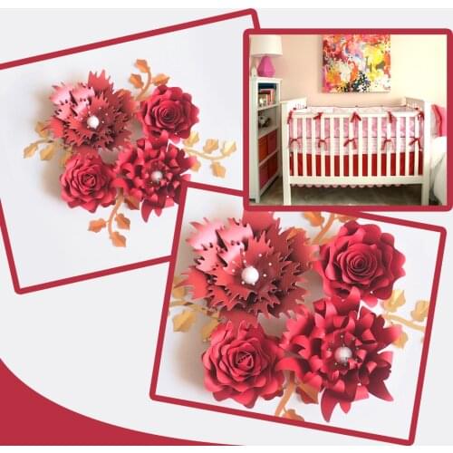 Handmade Xmas Red Rose DIY Paper Flowers Leaves Set For Christmas New Year Backdrops Decorations Nursery Video Tutorials