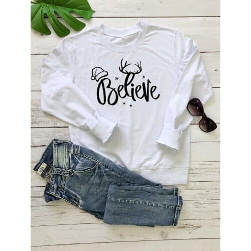 Merry Christmas Believe Santa Claus Sweatshirt Faith deer Believe Graphic Hoodies Casual Aesthetic Claus Gift quote Crewneck Top