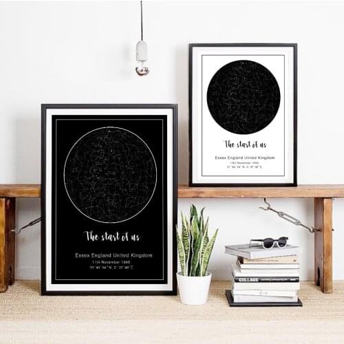Modern Custom Star Map & Moon Phase Canvas Painting Black and White Poster Print Nursery Wall Art Pictures Bedroom Home Decor