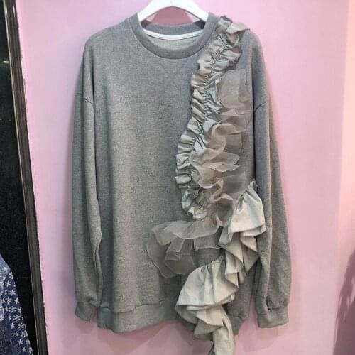 Harajuku Sweatshirt Women Casual Long Sleeve Loose Pullover Female Grey Black Korean Top Pleated Plate Flower Oversize Hoodie