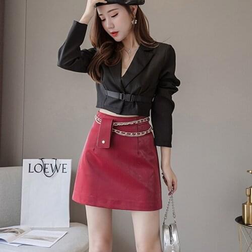 Women Fashion Skirts Gothic A-line Faux Leather Korean Black Mini Skirt 2019 Sexy Streetwear Femme Autumn Winter Party PU Saia