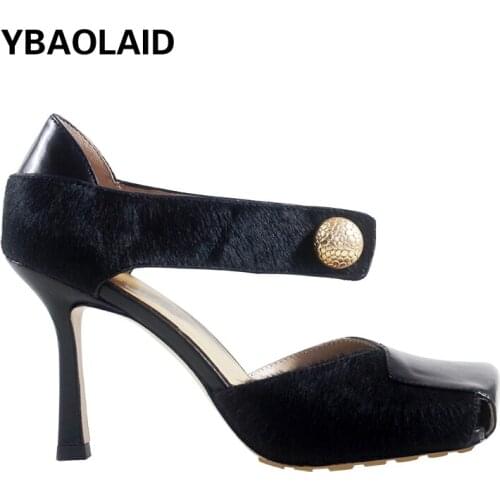 New Square Head Horsehair Color Matching Metal Buckle Street Fashion Catwalk Sandals Personality All-match Leather High Heels