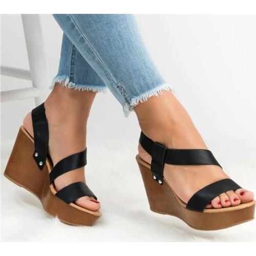 Women Sandal 2021 High QualityNEW Fashion PU Thick Bottom Slip On Concise Fashion Wedges Solid Causal Female Shoes