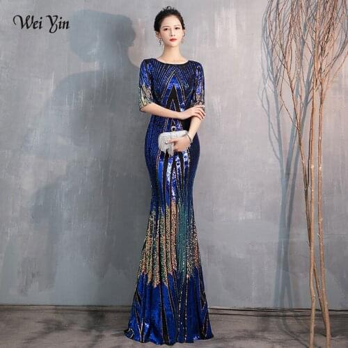 Wei yin AE0370 Blue Evening Dress Long Sparkle Half Sleeve O-Neck Women Elegant Sequin Mermaid Maxi Evening Party Gown Dress