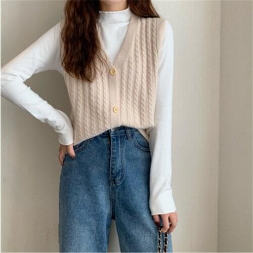 2021 New Autumn Loose Sleeveless Knitted Vest Female Outerwear V-Neck Single-breasted Camel Sweater Cardigan For Women