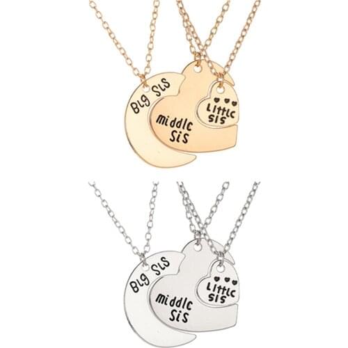 3pcs Friendship Heart Necklace Metal Trendy Big Middle Little Sister Heart Family Pendant Chain Friend Birthday Gift