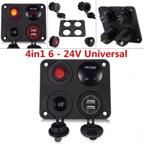 4 in 1 ABS Universal 6 - 24 V Red LED Dual USB Port Car Charger + Voltmeter + 12V Power Socket + On-Off Switch