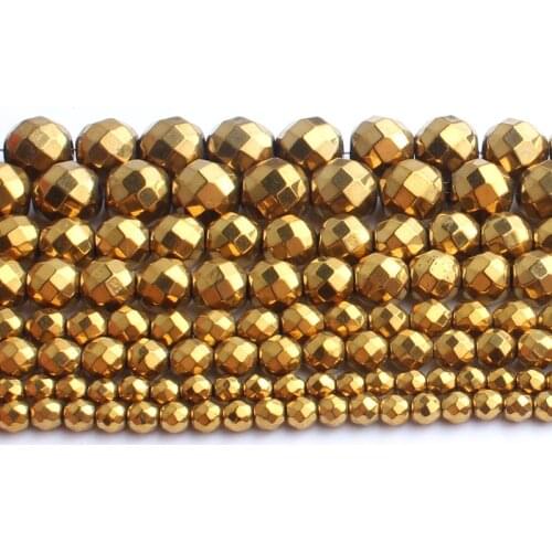 Natural Faceted Golds Pated Hematite Stone Beads Round Loose Beads For Jewellery Making Bracelet 15 inch 2/3/4/6/8/10mm