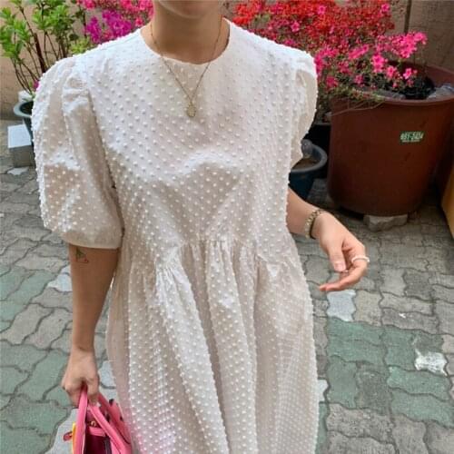GOOHOJIO Casual O-neck Puff-Sleeve Women Long Dresses 2020 Summer Oversize Dots Female Dresses Ladies Loose Vestidos Femme