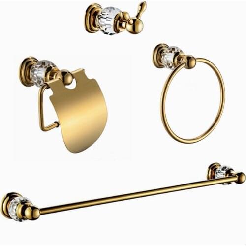 Crystal & brass bath hardware sets Robe hook,Paper Holder,towel ring Towel Bar,4 pcs/set CY002K