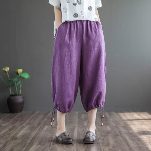 Johnature Cotton Linen Retro Embroidery Drawstring Elastic Waist Wide Leg Pants 2021 Summer New Loose All-match Women Pants