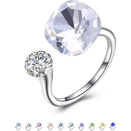 SILVERHOO S925 Sterling Silver Ring For Women Austria Crystal Fashion Opening Squre Varied Colors Fine Jewelry Party Gift 2021