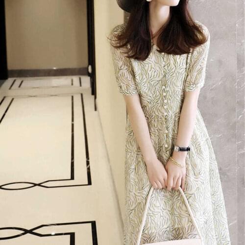 Summer Print Dress Women French Style Front Buttons V Neck Fairy Flowers Floral Chiffion Dresses Female One piece Vestido