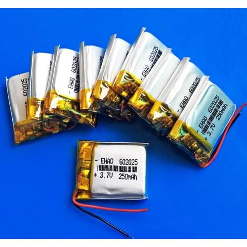 10 pcs 3.7V 250mAh 602025 lithium polymer li-po Rechargeable battery for MP3 MP4 GPS bluetooth headset camera smart watch