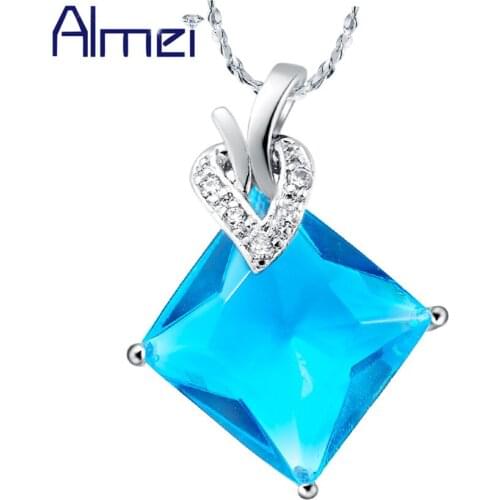 Almei Kolye Statement Choker Long Necklaces for Women Girl Silver Blue Zirconia Big Stone Square Pendants&Necklaces Jewelry N492