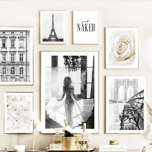 Fashion Paris Tower Girl Flower Black White Wall Art Canvas Painting Nordic Posters And Prints Wall Pictures For Living Room