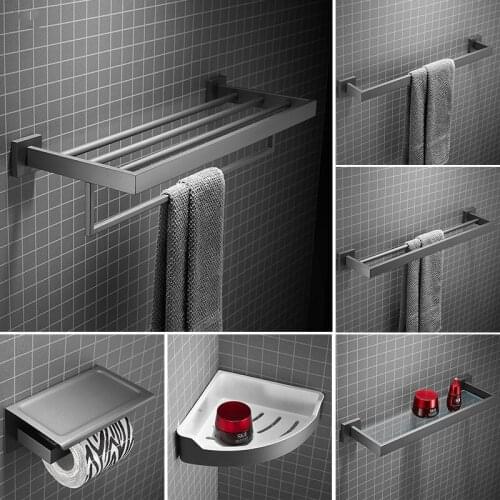 Gun Grey Bathroom Hardware Accessory Set 304 Stainless Steel Towel Rack Paper/Toilet Brush Holder Corner Glass Shelf Soap Dish