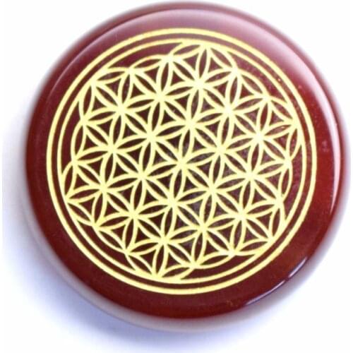 Natural Tumbled Chakra Carnelian Engraved Crystal Flower of Life Reiki Healing Round Palm Stone with a Free Pouch