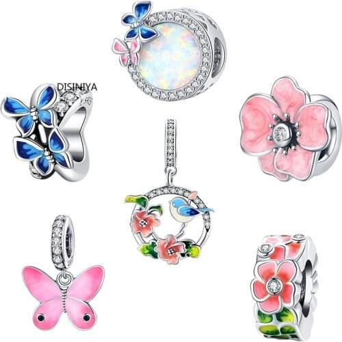 Colorful Birds Flowers Leaves CZ Pendant Spring Charm fit Original Bracelet Jewelry Accessories DIY Making SCC1726