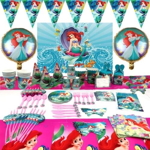 Diseny Mermaid Ariel Princess Happy Birthday Kids Mermaid Baby Shower Party Decoration Set Banner Table Cloth Balloons